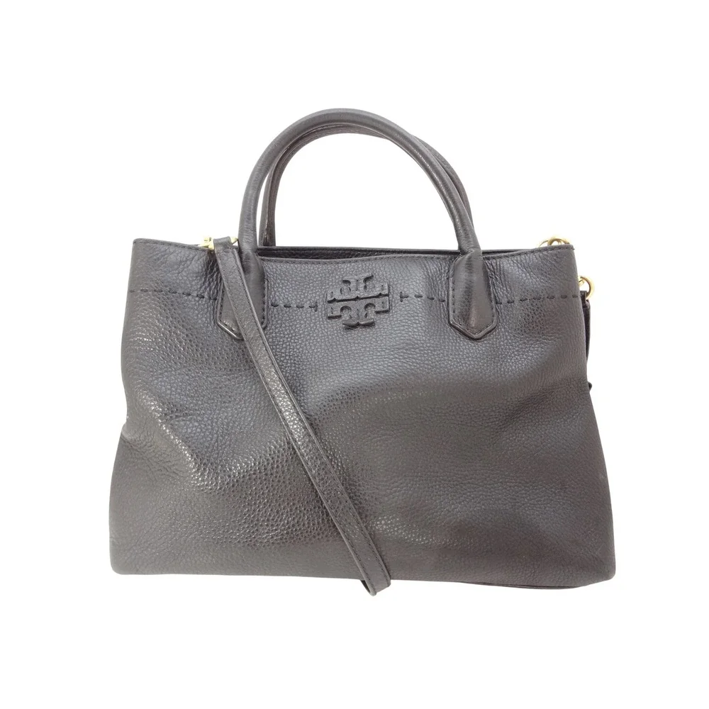 Tory Burch McGraw Triple Compartment Satchel Carryall Black Pebbled Leather